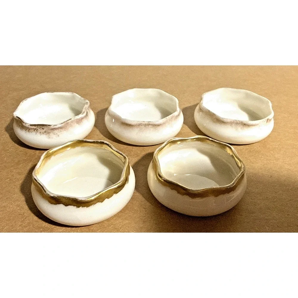 Vintage Belleek Open Salt Dish 5pc Set White Porcelain Gold Rim Ireland